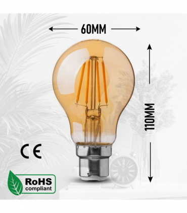 2 Pack A60 B22 4W Bayonet Style LED filament Retro Amber light bulb Warm white glass bulbs 2700K Light Bulbs