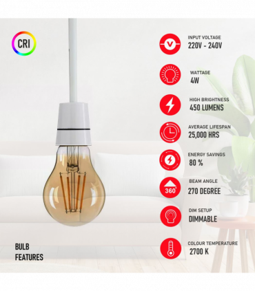 2 Pack A60 B22 4W Bayonet Style LED filament Retro Amber light bulb Warm white glass bulbs 2700K Light Bulbs