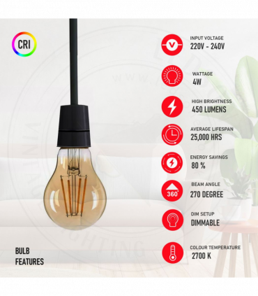 2 Pack A60 E27 4W Edison Style LED filament Retro Amber light bulb Warm white screw bulbs 2700K Light Bulbs