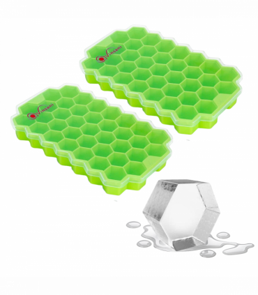 2 Pack Ice Cube Hexagon Silicone Tray with Clear Removable Lids GREEN 0000361