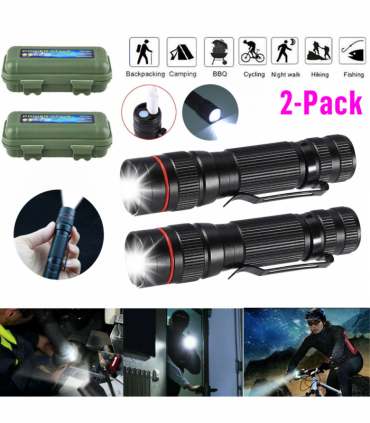 2 Pack USB Rechargeable LED Flashlight Adjustable Focus 3-Modes Outdoor Mini Flashlight