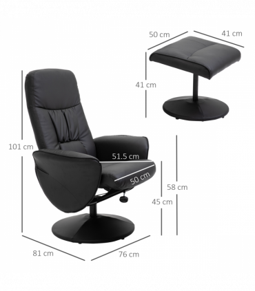 2 Pcs Reclining Armchair Ottoman 360 Swivel Home Furniture PU Leather Black