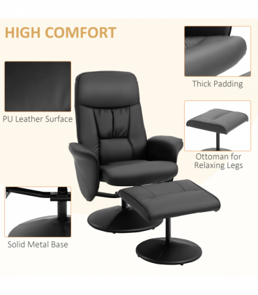 2 Pcs Reclining Armchair Ottoman 360 Swivel Home Furniture PU Leather Black