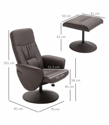 Armchair ottoman set 2 Pcs Reclining PU Leather Brown 105H x 81W x 81Dcm