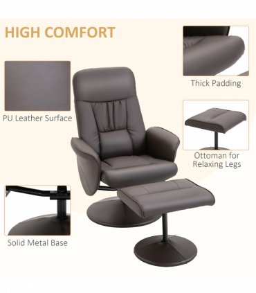 Armchair ottoman set 2 Pcs Reclining PU Leather Brown 105H x 81W x 81Dcm