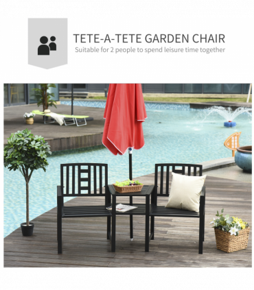 2 Seat Garden Chair Bench Loveseats w/Coffee Table Slatted Design Patio Yard