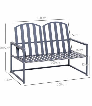 Metal Grey 2 Seat Steel Patio Garden Bench 80.5H x 108W x 63Dcm Outdoor