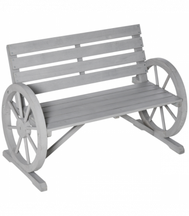 2 Seater Bench Armrest Chair & Wooden Cart Wagon Wheel Rustic High Back Grey