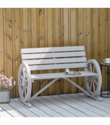 2 Seater Bench Armrest Chair & Wooden Cart Wagon Wheel Rustic High Back Grey