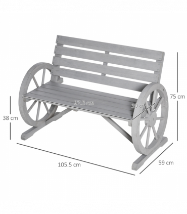 2 Seater Bench Armrest Chair & Wooden Cart Wagon Wheel Rustic High Back Grey