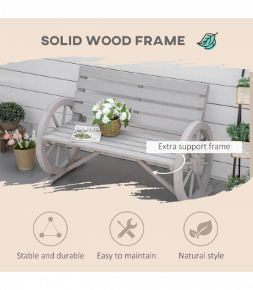 2 Seater Bench Armrest Chair & Wooden Cart Wagon Wheel Rustic High Back Grey