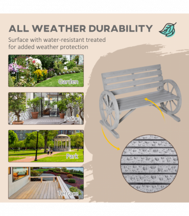 2 Seater Bench Armrest Chair & Wooden Cart Wagon Wheel Rustic High Back Grey