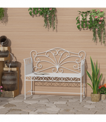 2 Seater Metal Bench Park Seating Outdoor Furniture Chair w/ Backrest White