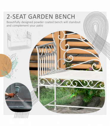 2 Seater Metal Bench Park Seating Outdoor Furniture Chair w/ Backrest White