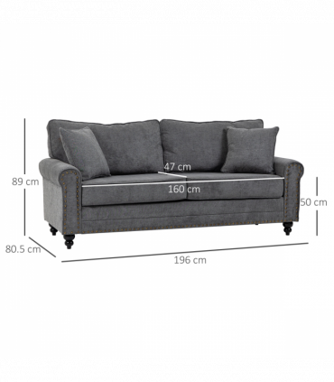 2 Seater Sofas Fabric Sofa with Nailhead Trim Cushions and Throw Pillows Grey