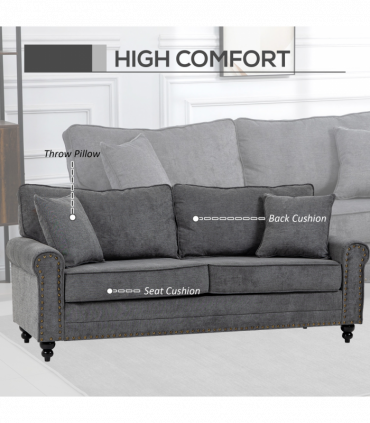 2 Seater Sofas Fabric Sofa with Nailhead Trim Cushions and Throw Pillows Grey