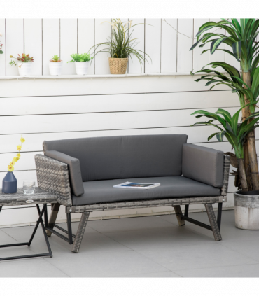 2 in 1 Rattan Folding Daybed Sofa Grey w/Cushion