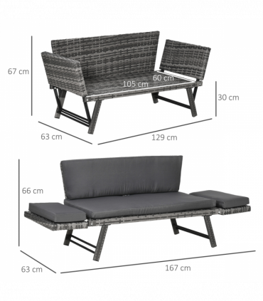 2 in 1 Rattan Folding Daybed Sofa Grey w/Cushion