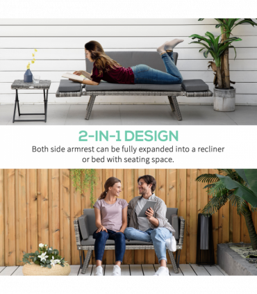 2 in 1 Rattan Folding Daybed Sofa Grey w/Cushion