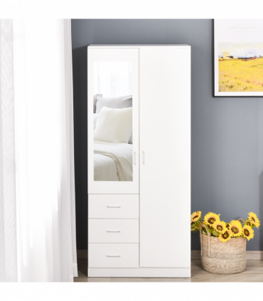 2-Door Wardrobe w/ Adjustable Shelf 3 Drawers for Bedroom, 180cm, White