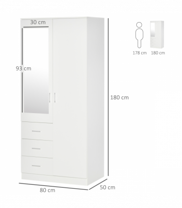 2-Door Wardrobe w/ Adjustable Shelf 3 Drawers for Bedroom, 180cm, White