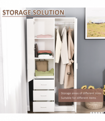 2-Door Wardrobe w/ Adjustable Shelf 3 Drawers for Bedroom, 180cm, White