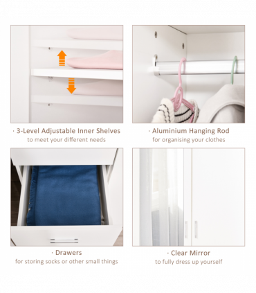 2-Door Wardrobe w/ Adjustable Shelf 3 Drawers for Bedroom, 180cm, White