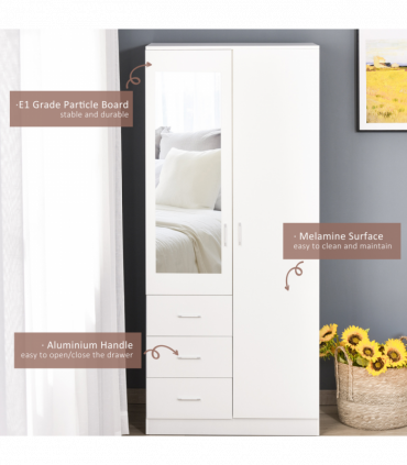 2-Door Wardrobe w/ Adjustable Shelf 3 Drawers for Bedroom, 180cm, White