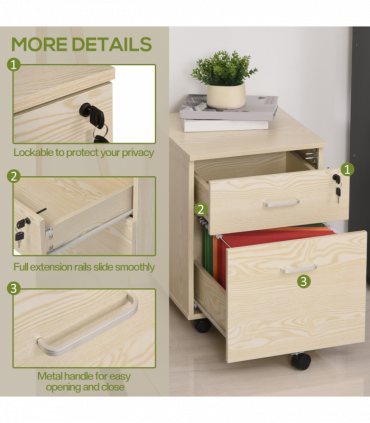Filing Cabinet Oak 55.6H x 40W x 45Dcm 2-Drawer Locking Office Storage Vinsetto