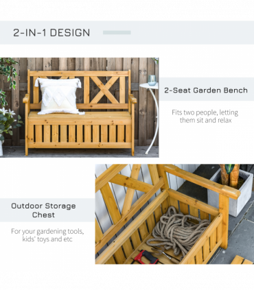 2-Seater Garden Storage Bench for Patio Wood Porch Decor Outdoor Seating