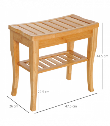 Shower Bench Storage Seat Stool 2-Tier Natural Wood Finish 44.5H x 47.5L x 26Wcm