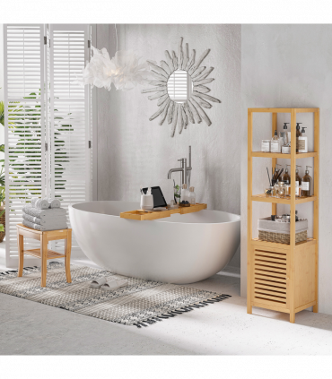 Shower Bench Storage Seat Stool 2-Tier Natural Wood Finish 44.5H x 47.5L x 26Wcm