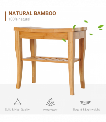 Shower Bench Storage Seat Stool 2-Tier Natural Wood Finish 44.5H x 47.5L x 26Wcm
