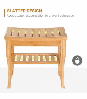 Shower Bench Storage Seat Stool 2-Tier Natural Wood Finish 44.5H x 47.5L x 26Wcm