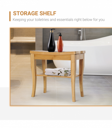 Shower Bench Storage Seat Stool 2-Tier Natural Wood Finish 44.5H x 47.5L x 26Wcm