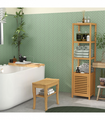Shower Bench Storage Seat Stool 2-Tier Natural Wood Finish 44.5H x 47.5L x 26Wcm