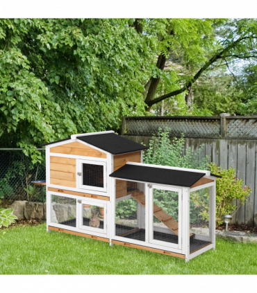 2-Tier Wooden Rabbit Hutch Guinea Pig House Pet Cage Outdoor Tray Ramp Pawhut