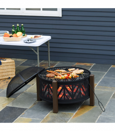 2-in-1 Outdoor Fire Pit Bowl with BBQ Grill Grate 30" Spark Screen Cover