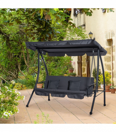 2-in-1 Patio Swing Chair Lounger 3 Seater Hammock Bed Dark Grey Cushion