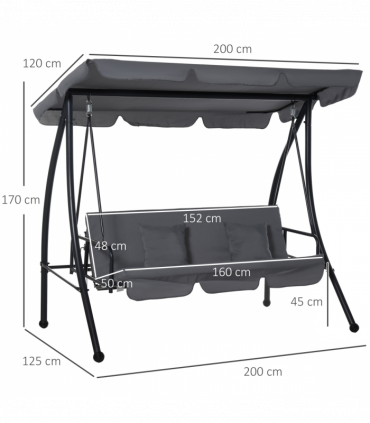 2-in-1 Patio Swing Chair Lounger 3 Seater Hammock Bed Dark Grey Cushion