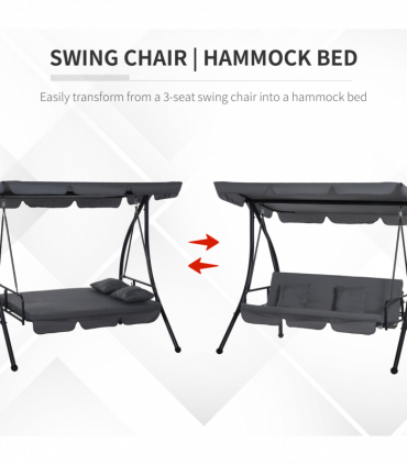 2-in-1 Patio Swing Chair Lounger 3 Seater Hammock Bed Dark Grey Cushion