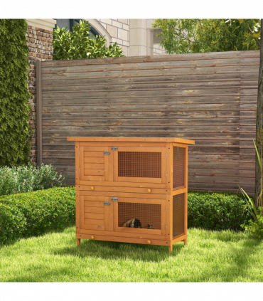 Rabbit Hutch 2-tier Wooden Bunnies House Outdoor Shelter Natural Wood Finish