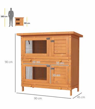 Rabbit Hutch 2-tier Wooden Bunnies House Outdoor Shelter Natural Wood Finish