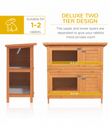 Rabbit Hutch 2-tier Wooden Bunnies House Outdoor Shelter Natural Wood Finish