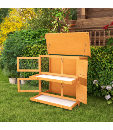 Rabbit Hutch 2-tier Wooden Bunnies House Outdoor Shelter Natural Wood Finish