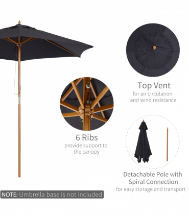 Wood Black 2.5m x 2.3m Garden Parasol Sun Shade Patio Outdoor Wooden Umbrella