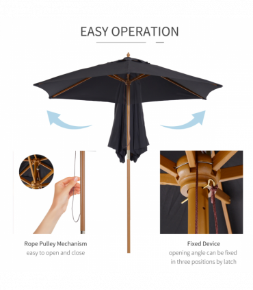 Wood Black 2.5m x 2.3m Garden Parasol Sun Shade Patio Outdoor Wooden Umbrella