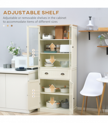 Kitchen Cupboard, 5-tier Storage Cabinet with Adjustable Shelves, Cream