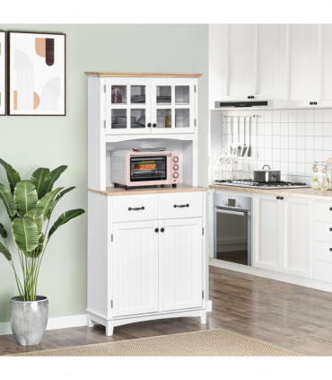 Kitchen Cupboard, Framed Glass Doors, 2 Drawers, Microwave Counter, White