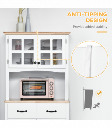 Kitchen Cupboard, Framed Glass Doors, 2 Drawers, Microwave Counter, White